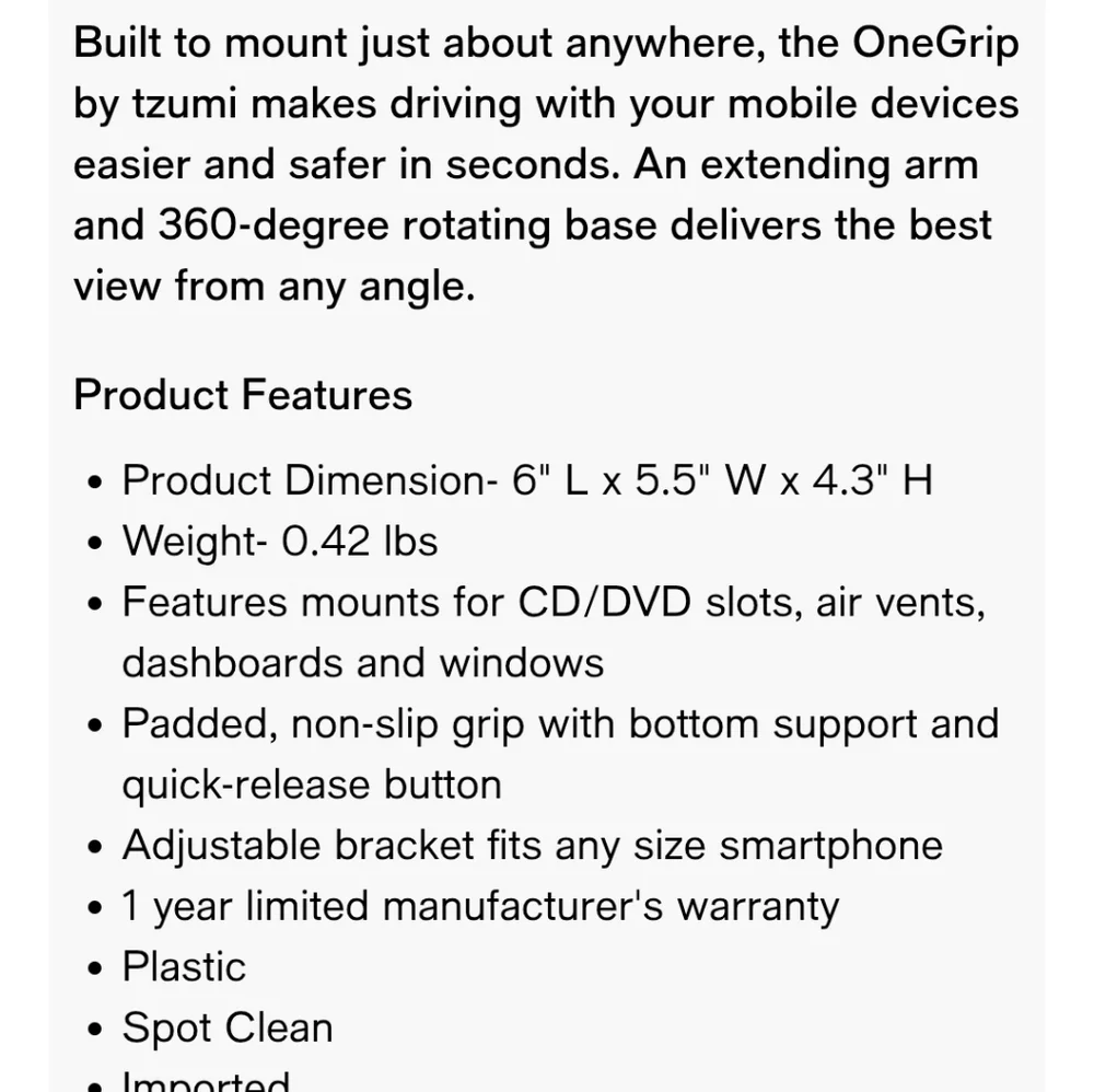 Tzumi ONEGRIP Universal Smartphone Auto Mount - Black
